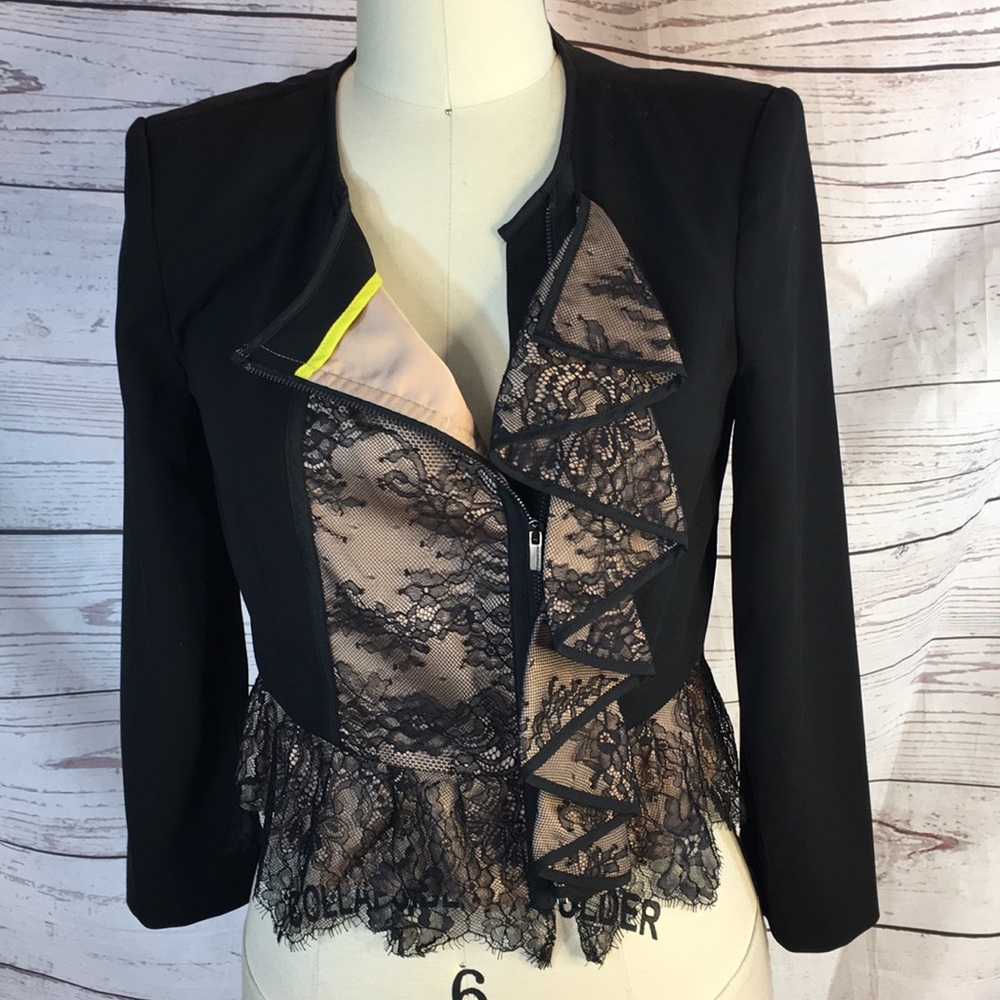 BCBGMAXAZRIA black jacket with lace detailing euc